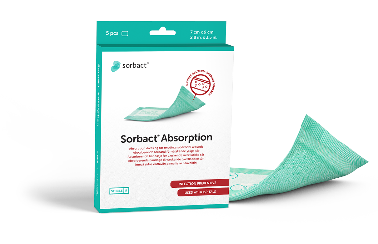 Pakke med Sorbact Absorption med en bandasje ved siden av.